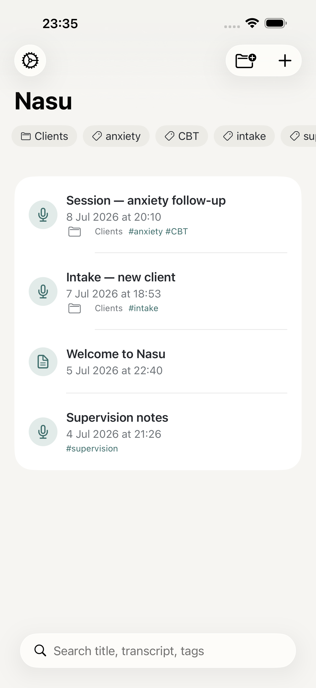 Nasu, our on-device transcription app, showing live transcription